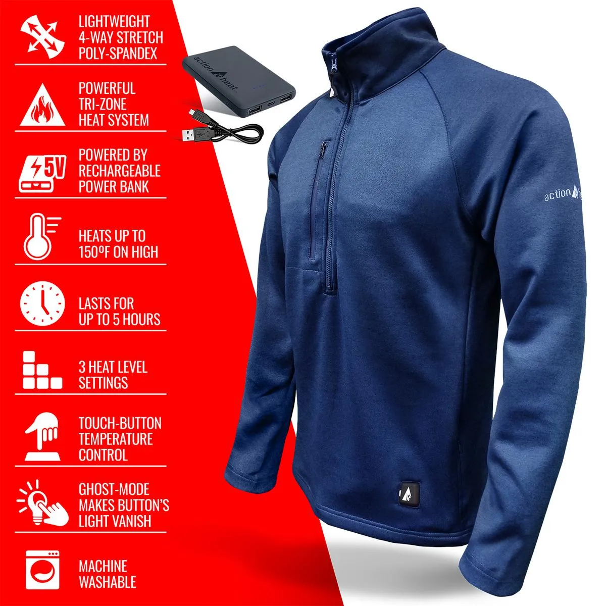 ActionHeat 5V Men's 1/2 Zip Pullover Battery Heated Shirt