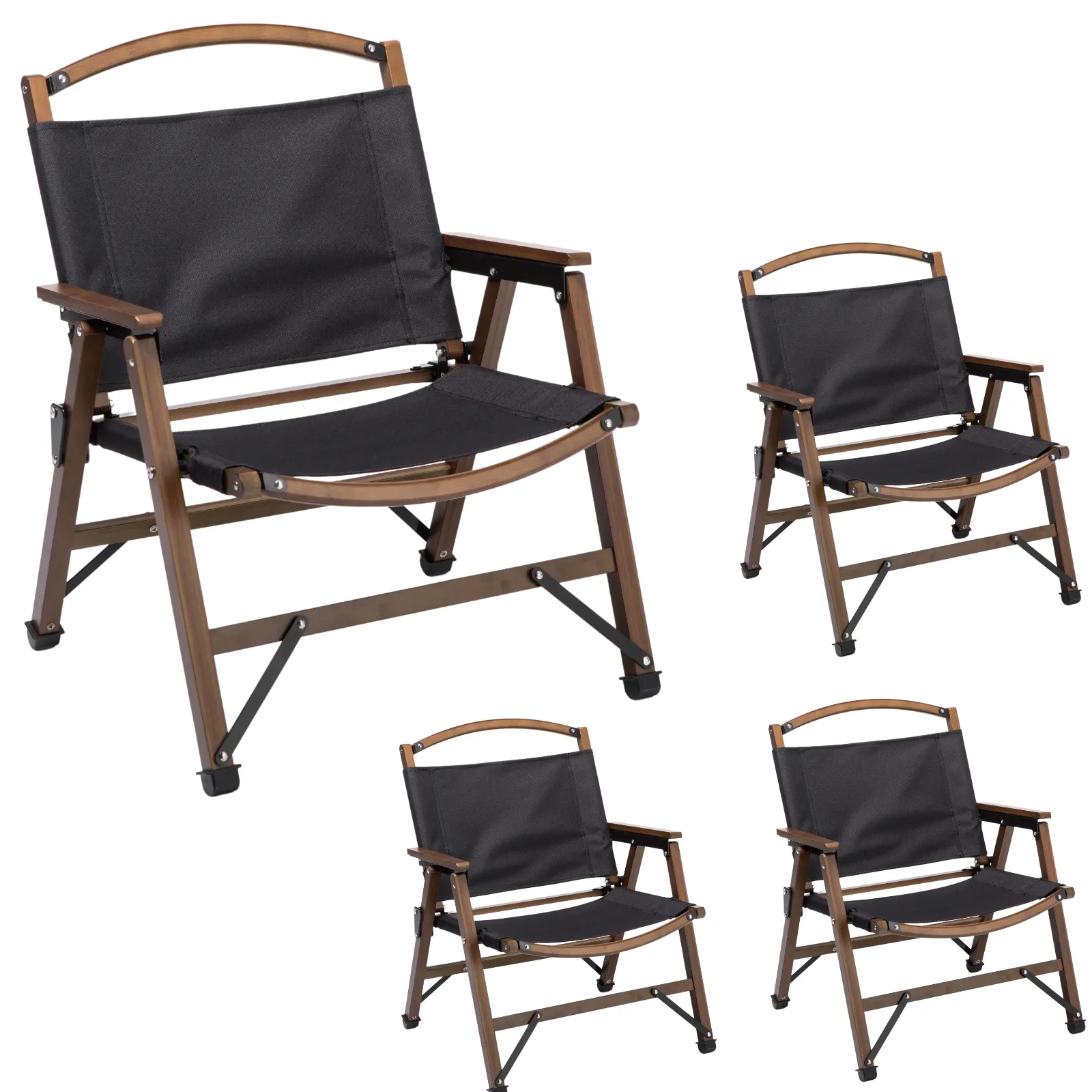 Bamboo Canvas Foldable Outdoor Camping Chair - Black - 4 Set