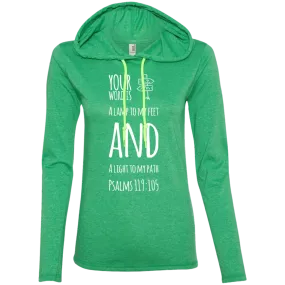 Bible Verse Ladies' Long Sleeve T-Shirt Hoodie - Your Word Is Light To My Path ~Psalm 119:105~ Design 19 (White Font)