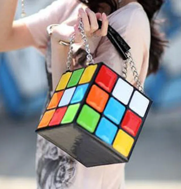 Black Colorful Rainbow Magic Cube Patent Leather Handbag Bag Purse Box