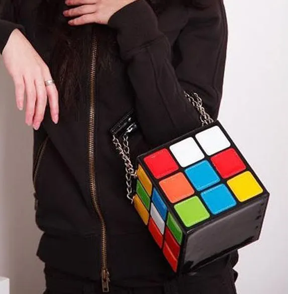 Black Colorful Rainbow Magic Cube Patent Leather Handbag Bag Purse Box