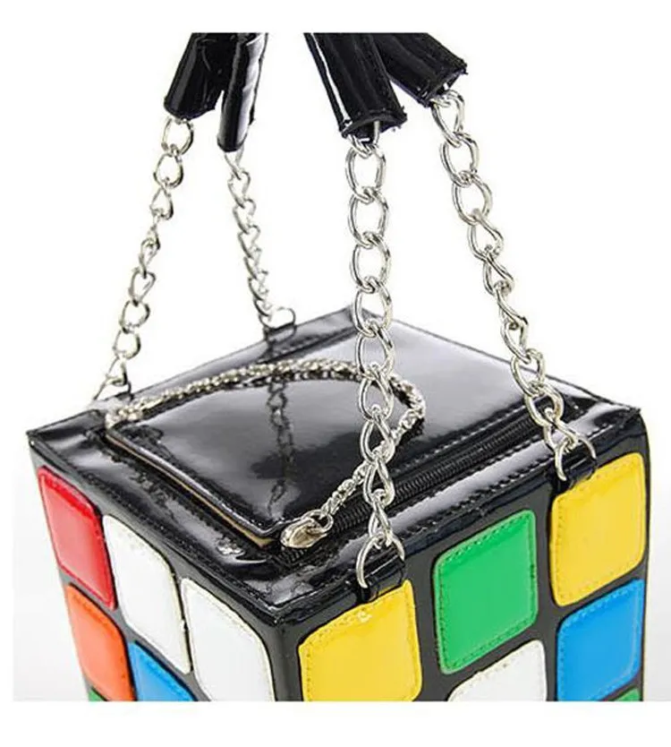 Black Colorful Rainbow Magic Cube Patent Leather Handbag Bag Purse Box