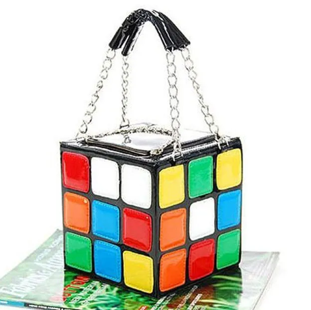 Black Colorful Rainbow Magic Cube Patent Leather Handbag Bag Purse Box