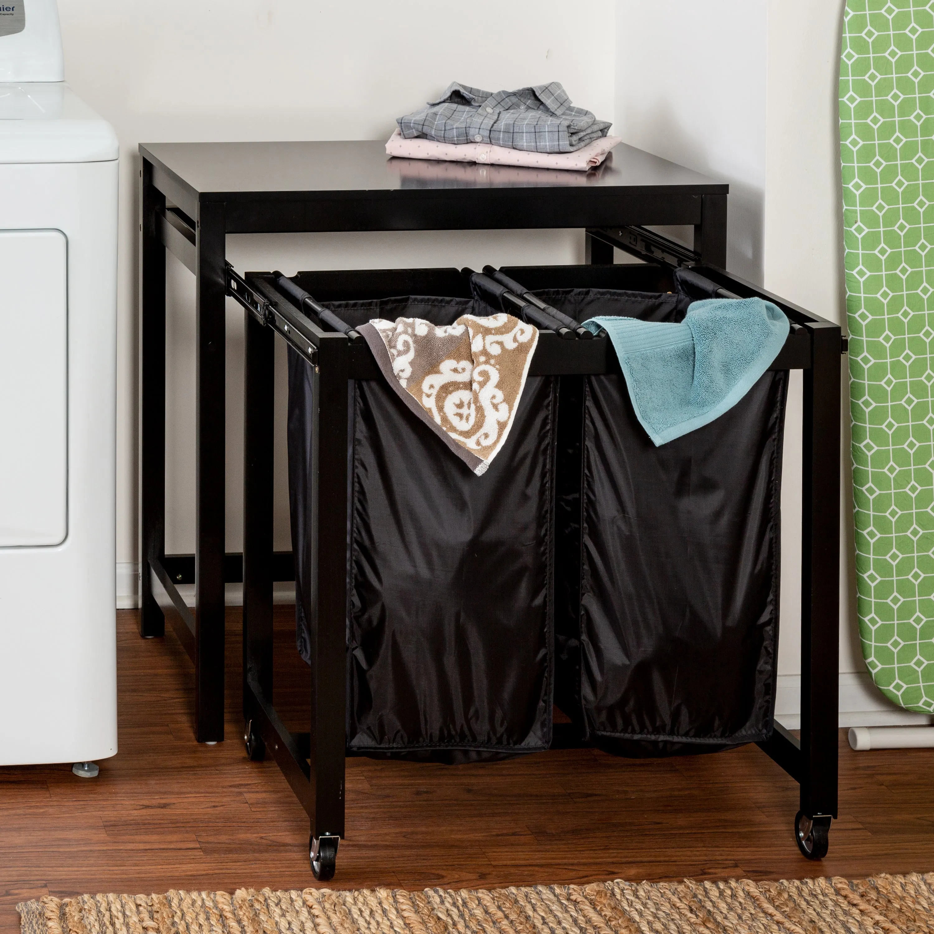 Black Double Laundry Sorter with Folding Table