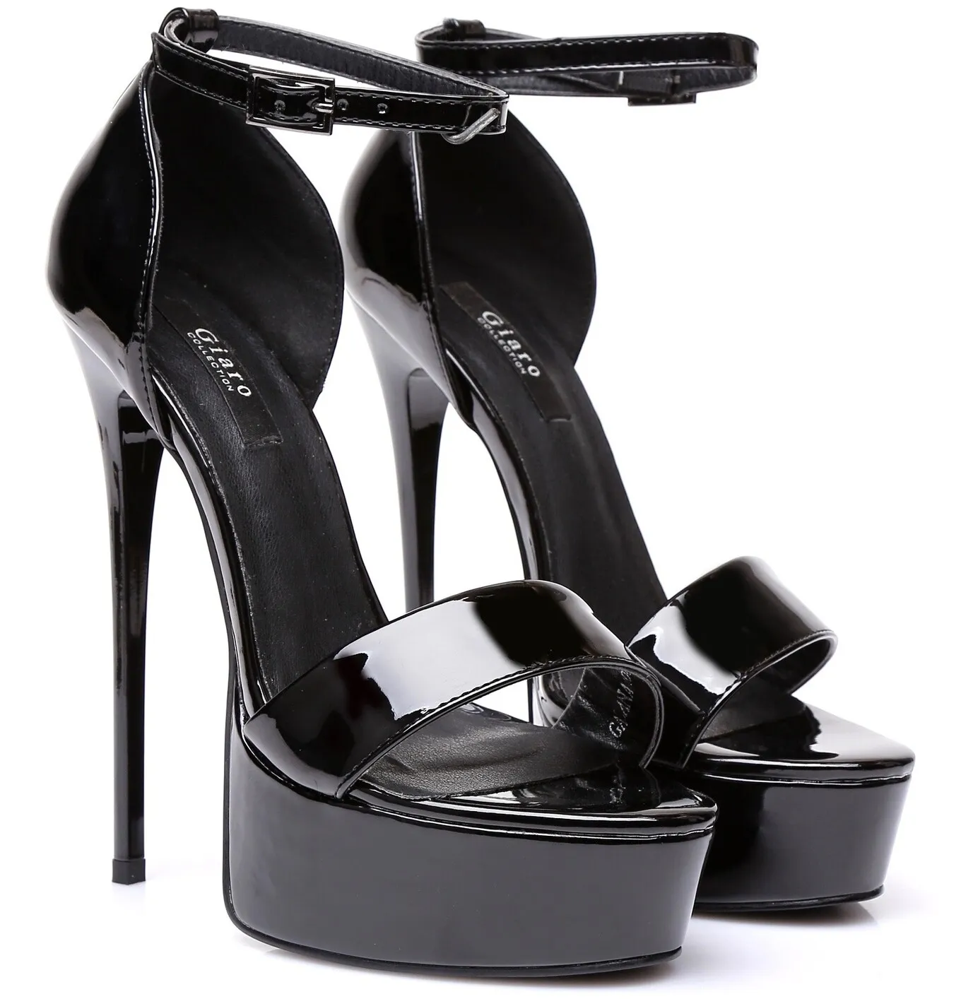 Black shiny Giaro high 16cm heeled platform sandals