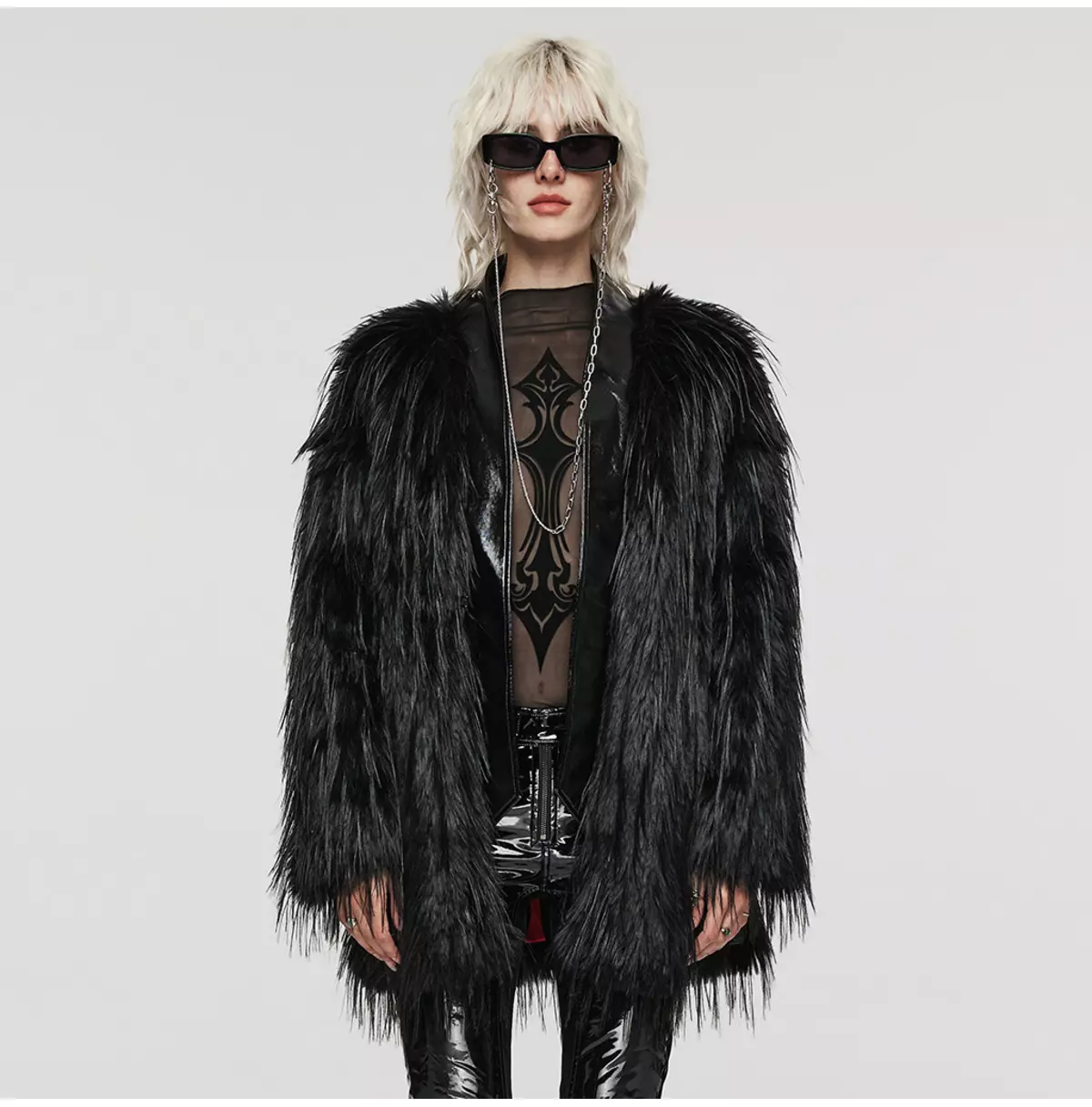 Edgy Black Faux Fur Jacket With Sheer Gothic Details