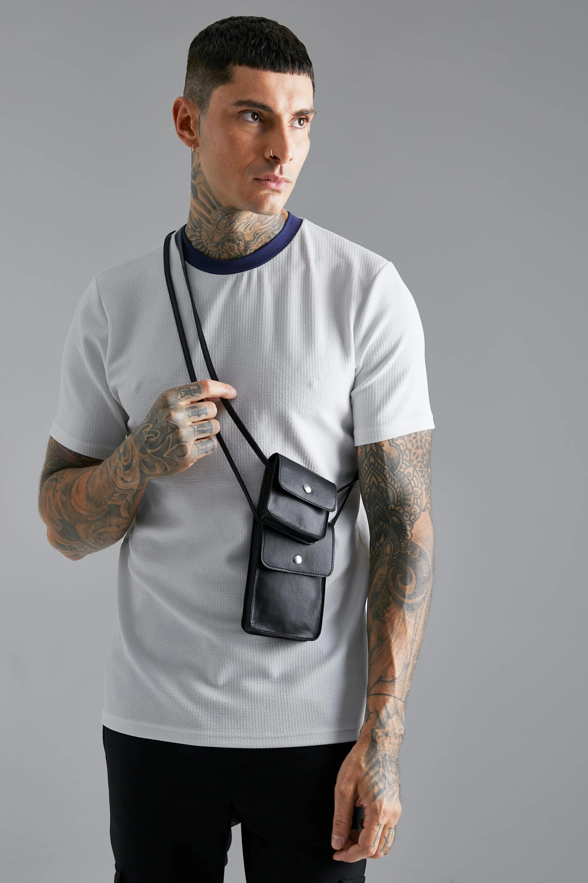 Faux Leather Double Across Body Bag Pouches | boohooMAN UK