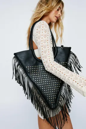 Faux Leather Studded Fringe Day Bag