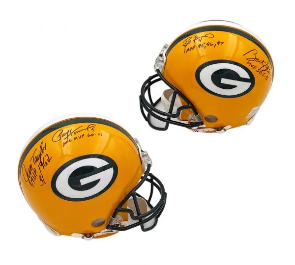 Favre, Starr, Taylor, & Hornung Signed Green Bay Packers MVPs Current Authentic NFL Helmet with 4 Inscriptions