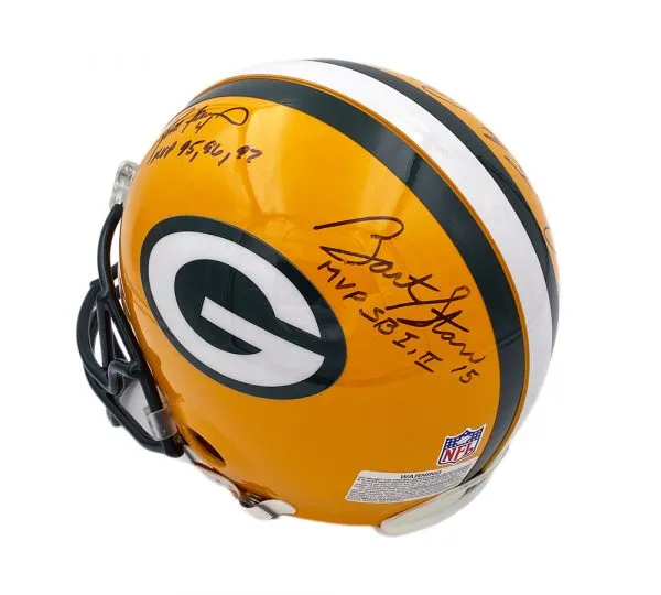 Favre, Starr, Taylor, & Hornung Signed Green Bay Packers MVPs Current Authentic NFL Helmet with 4 Inscriptions