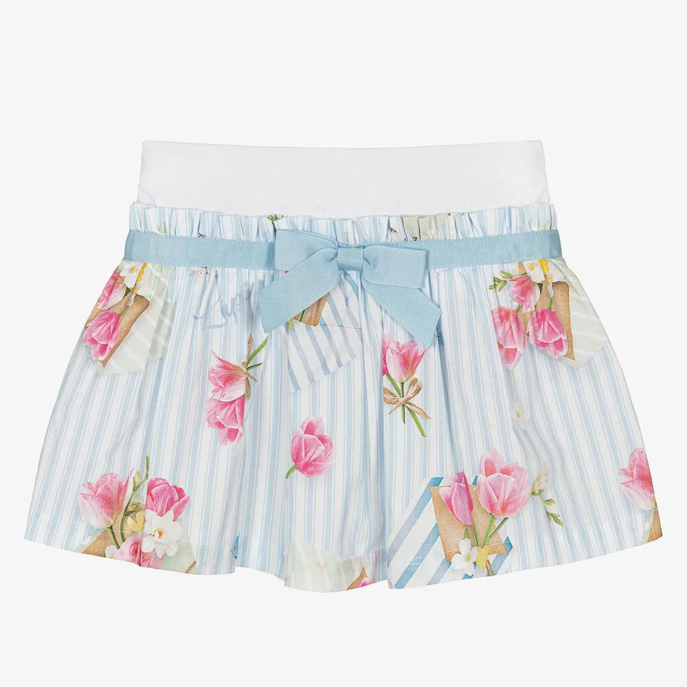 Girls Blue Striped Floral Skirt