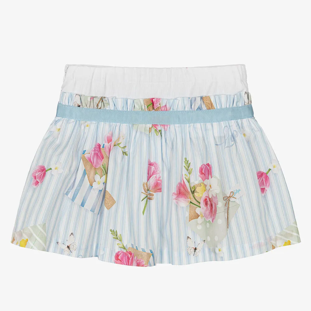 Girls Blue Striped Floral Skirt