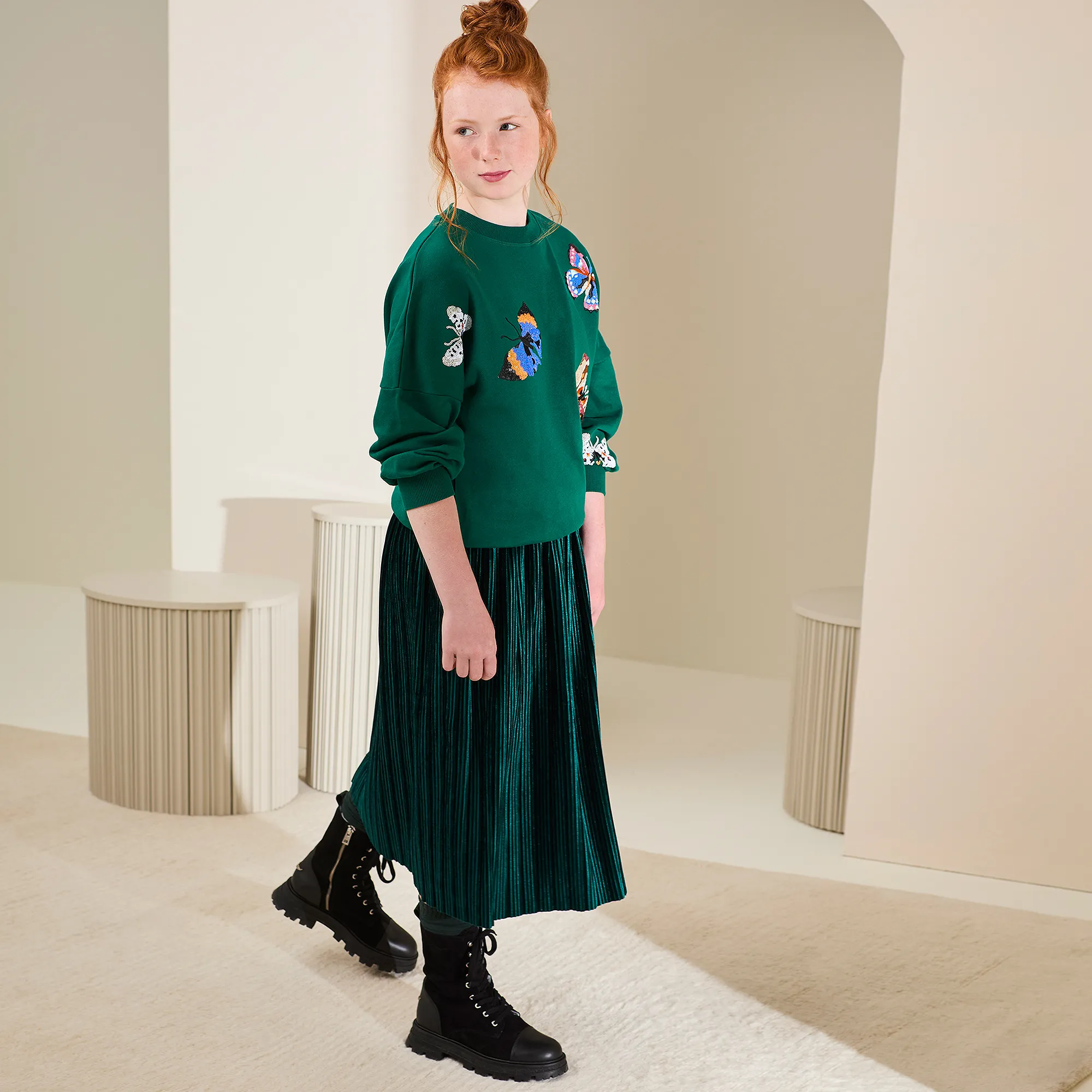 Girls Green Pleated Velour Skirt