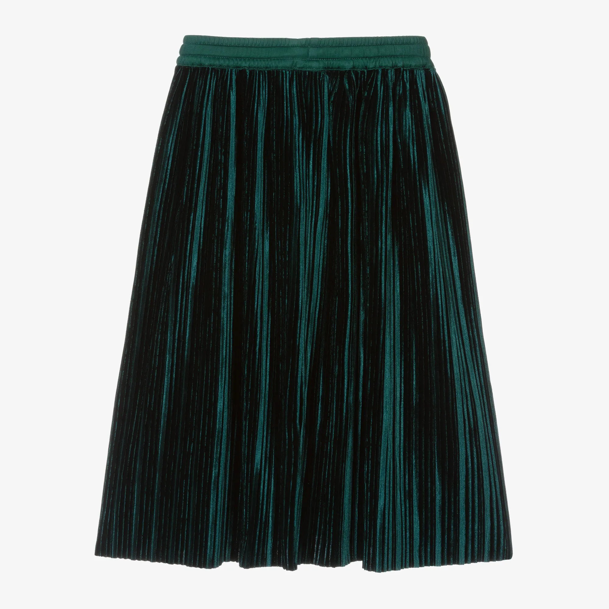 Girls Green Pleated Velour Skirt