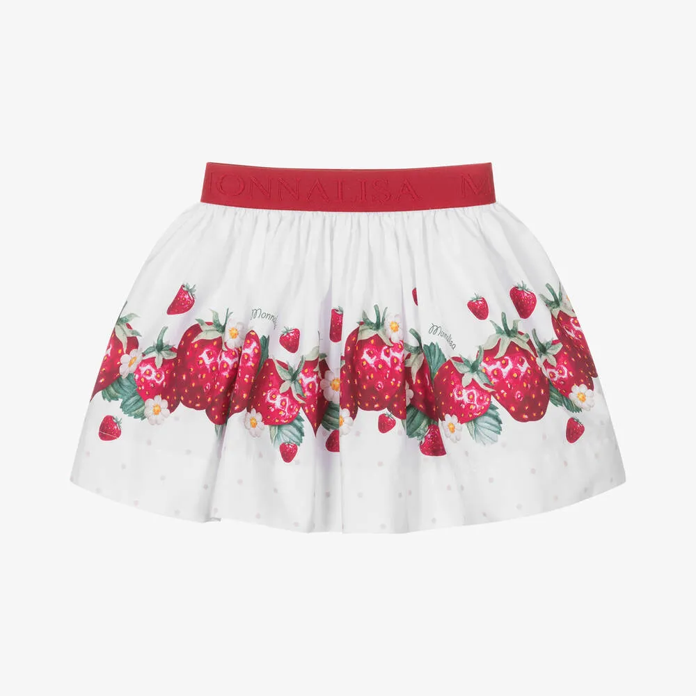 Girls White Strawberry Cotton Skirt