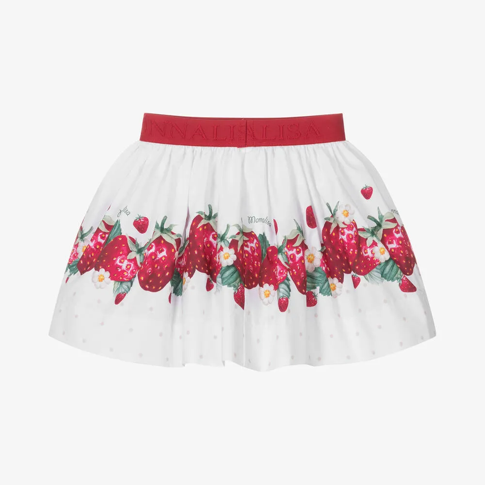 Girls White Strawberry Cotton Skirt