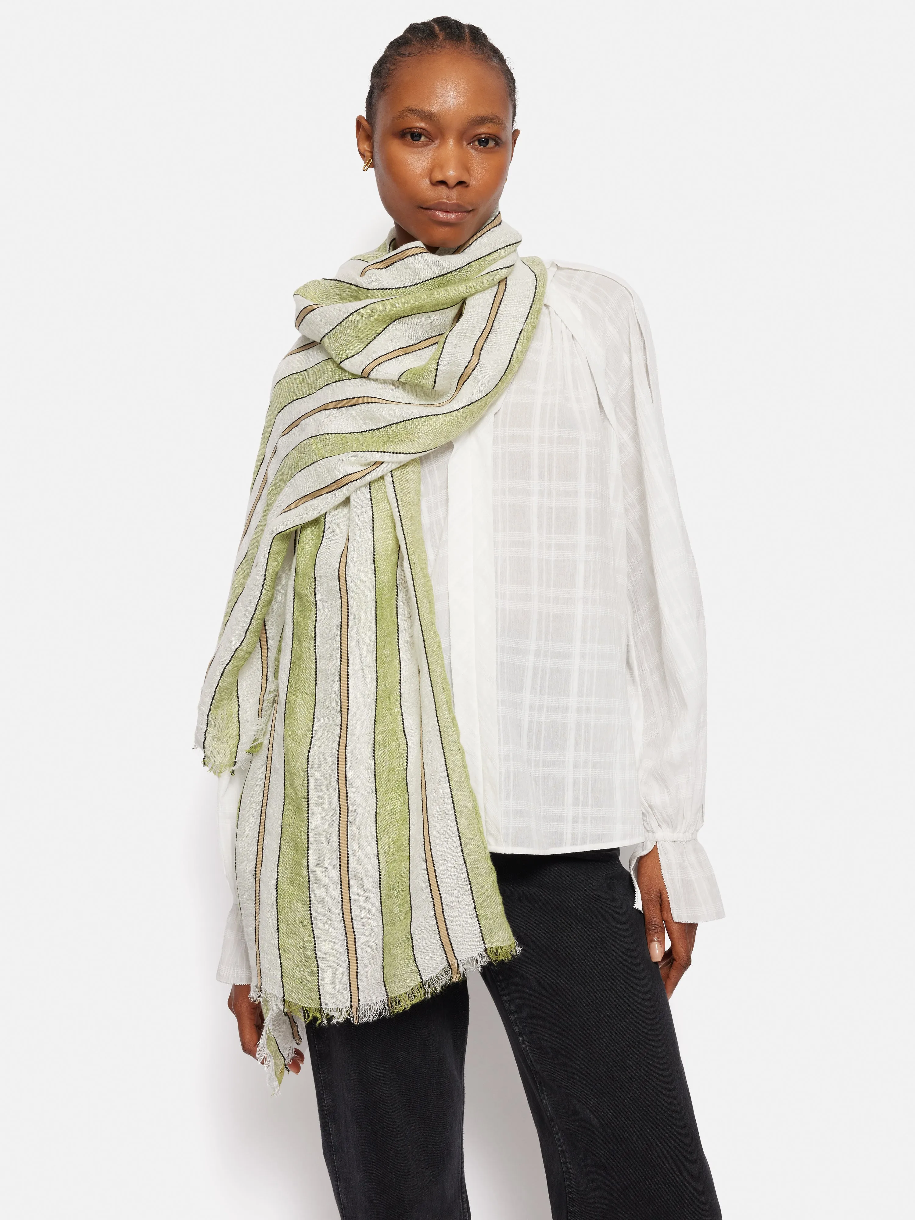 Linen Mix Stripe Woven Scarf | Green