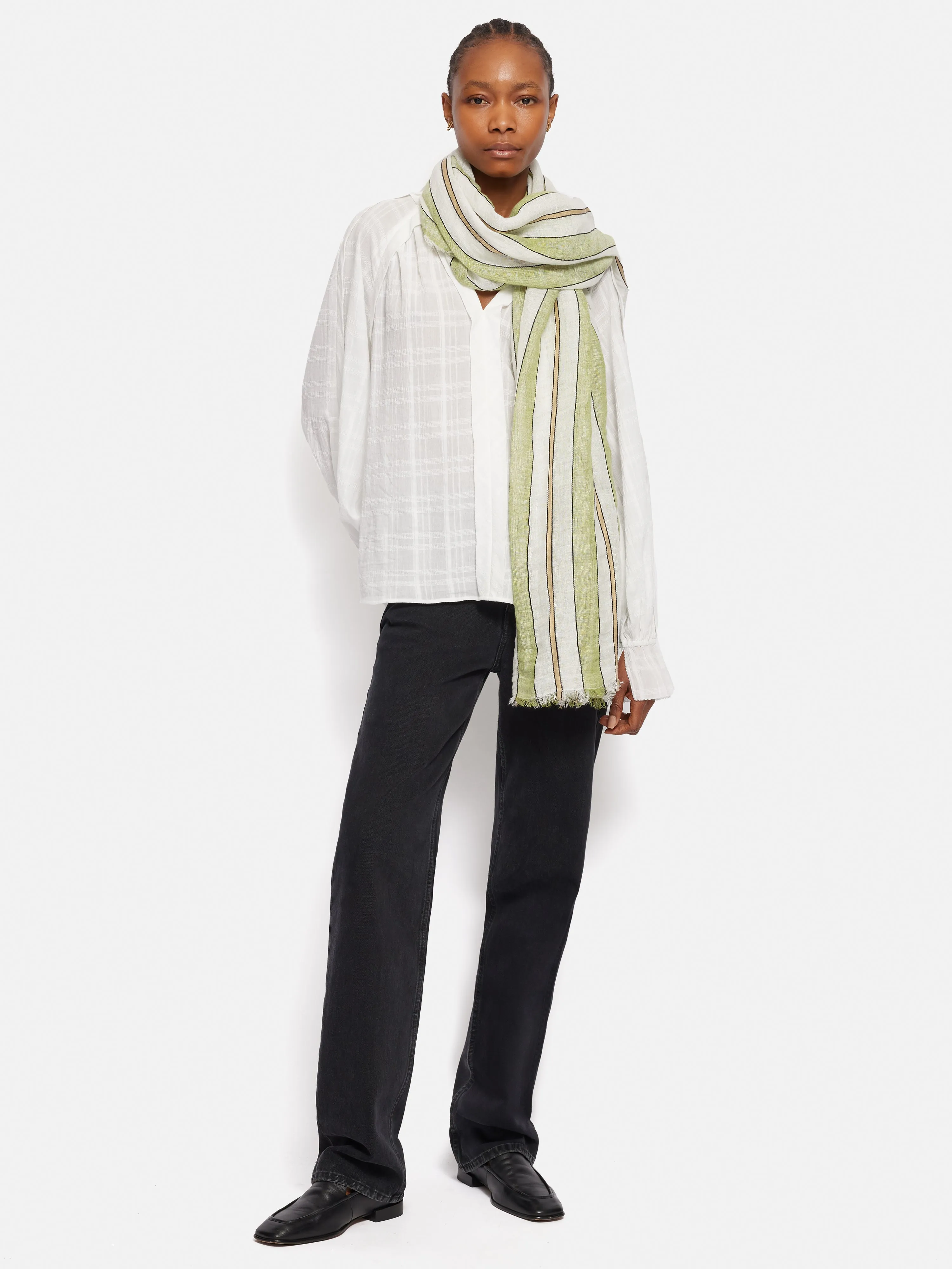 Linen Mix Stripe Woven Scarf | Green