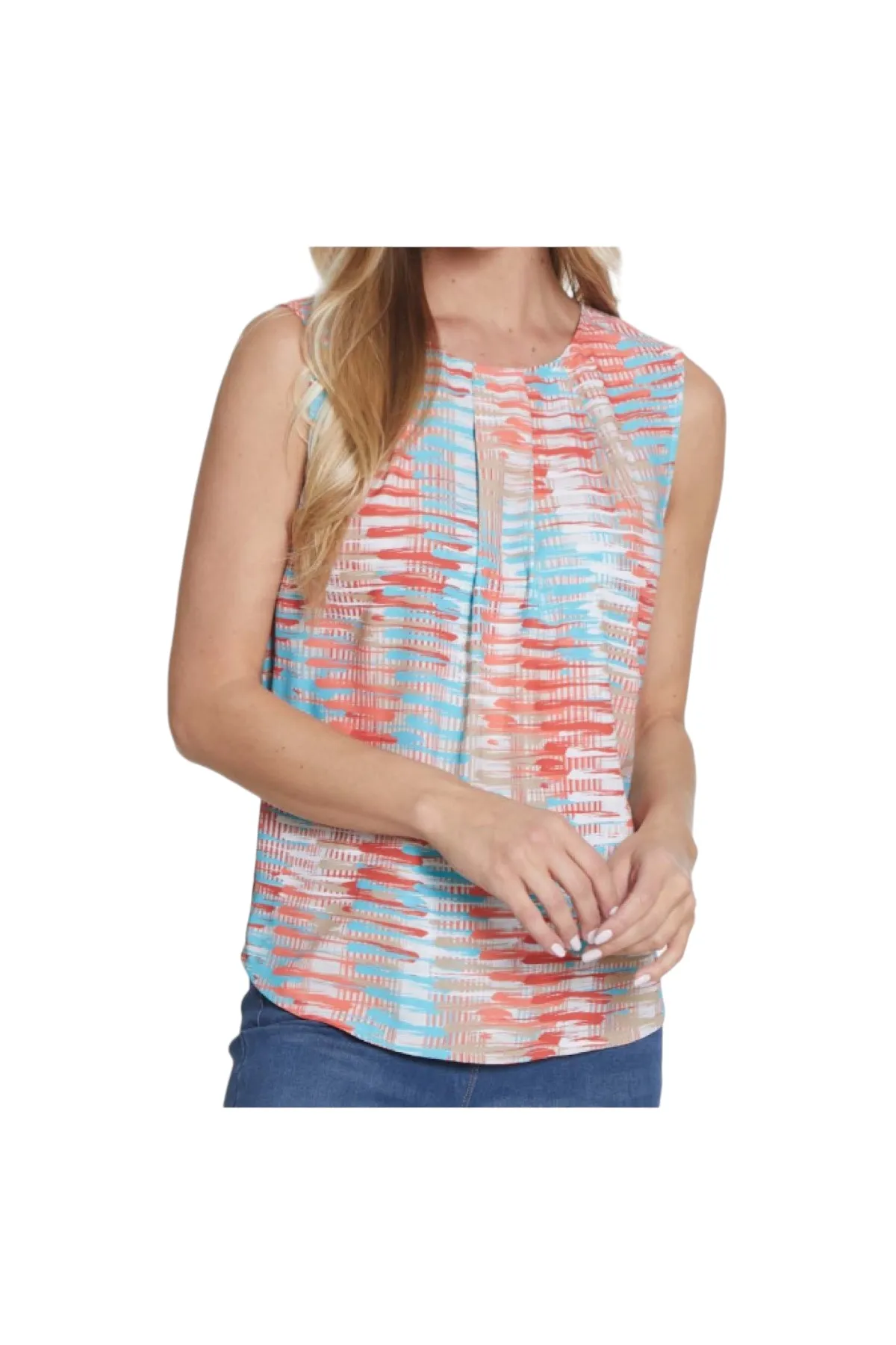 MULTIPLES TUCK FRONT NECK PRINT TANK