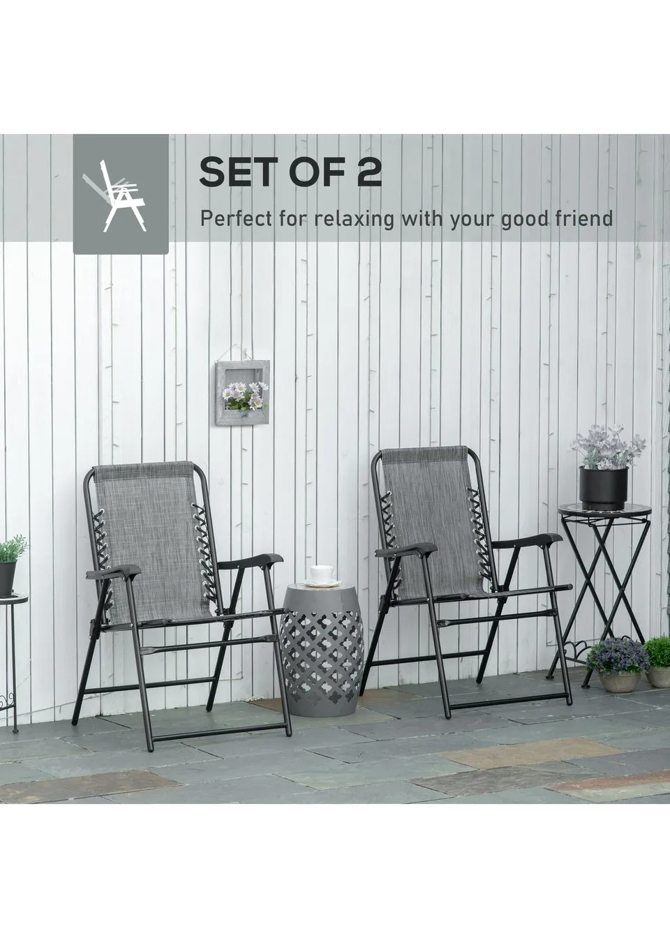 Outsunny Grey Folding Chair Set for Camping Lawn Set of 2