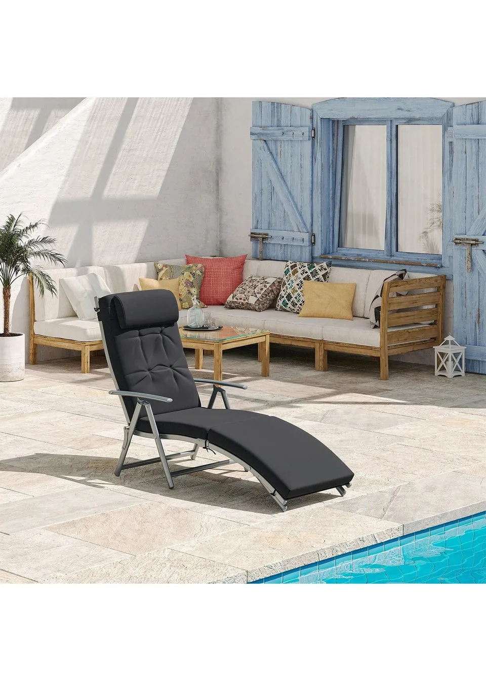 Outsunny Outdoor Patio Sun Lounger Garden Texteline Foldable Reclining Chair with Cushion - Black