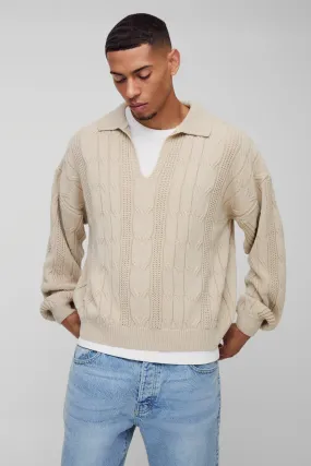 Oversized Boxy Cable Knit Polo Jumper