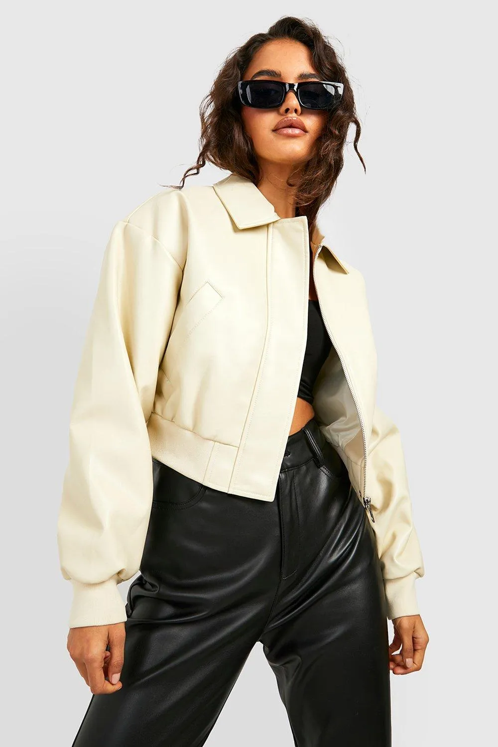 Oversized Faux Leather Crop Bomber Jacket