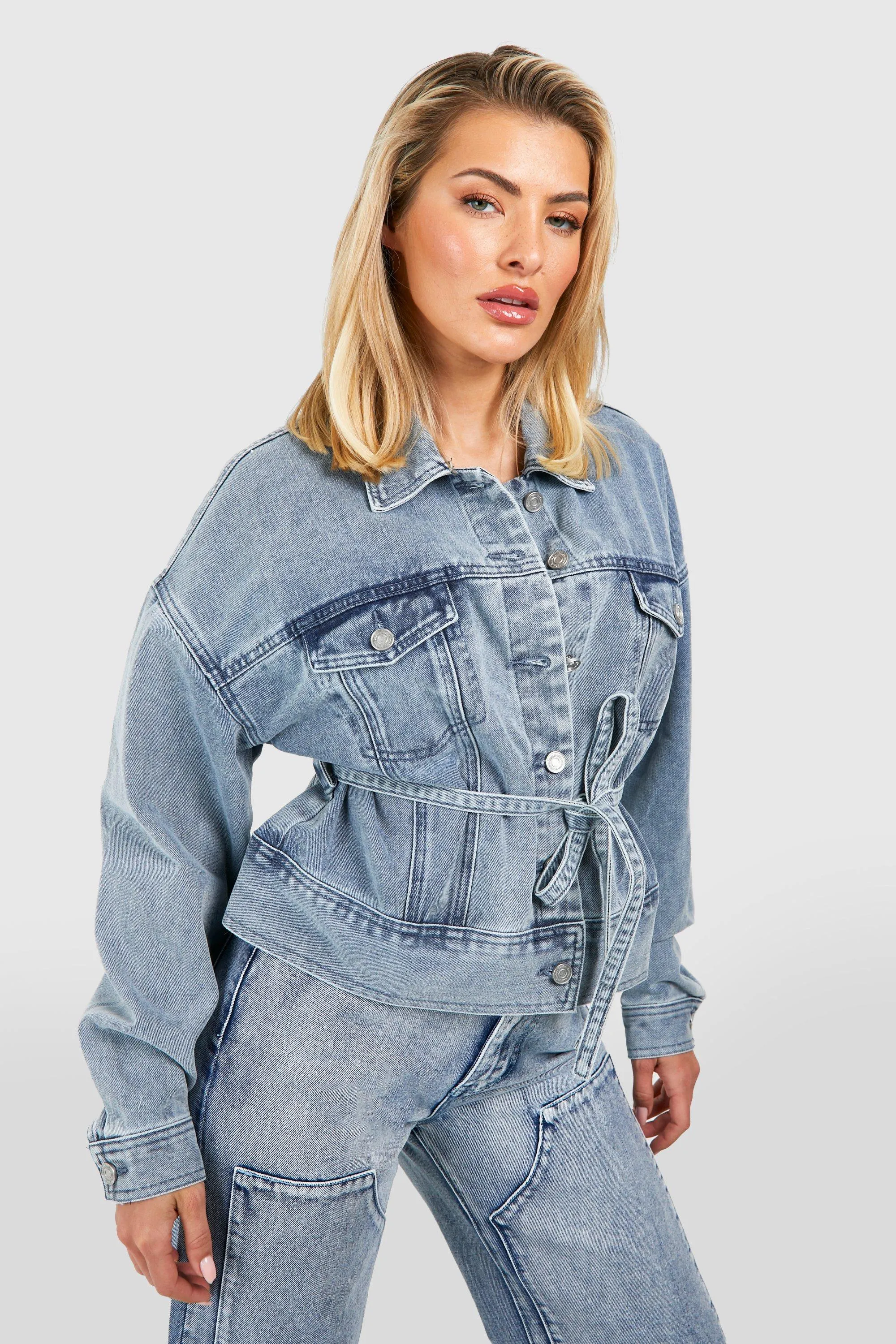 Tie Waist Crop Denim Trucker Jacket