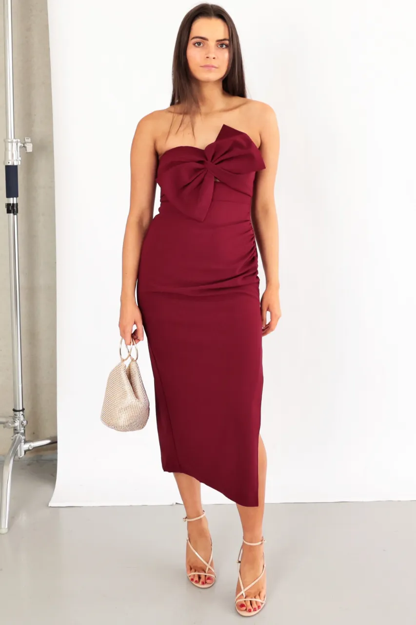 Valentina Dress - Burgundy Strapless Dress with Statement Bow