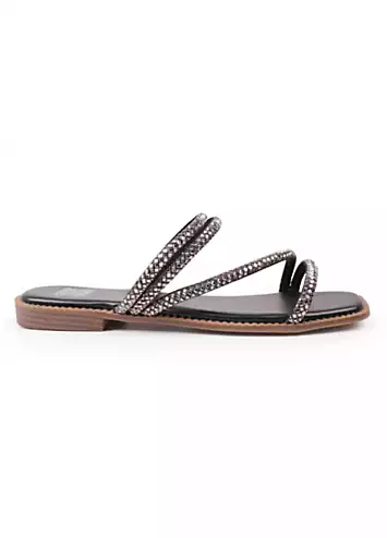 Where’s That From Dream Black Diamante Strappy Flat Sandals | Grattan