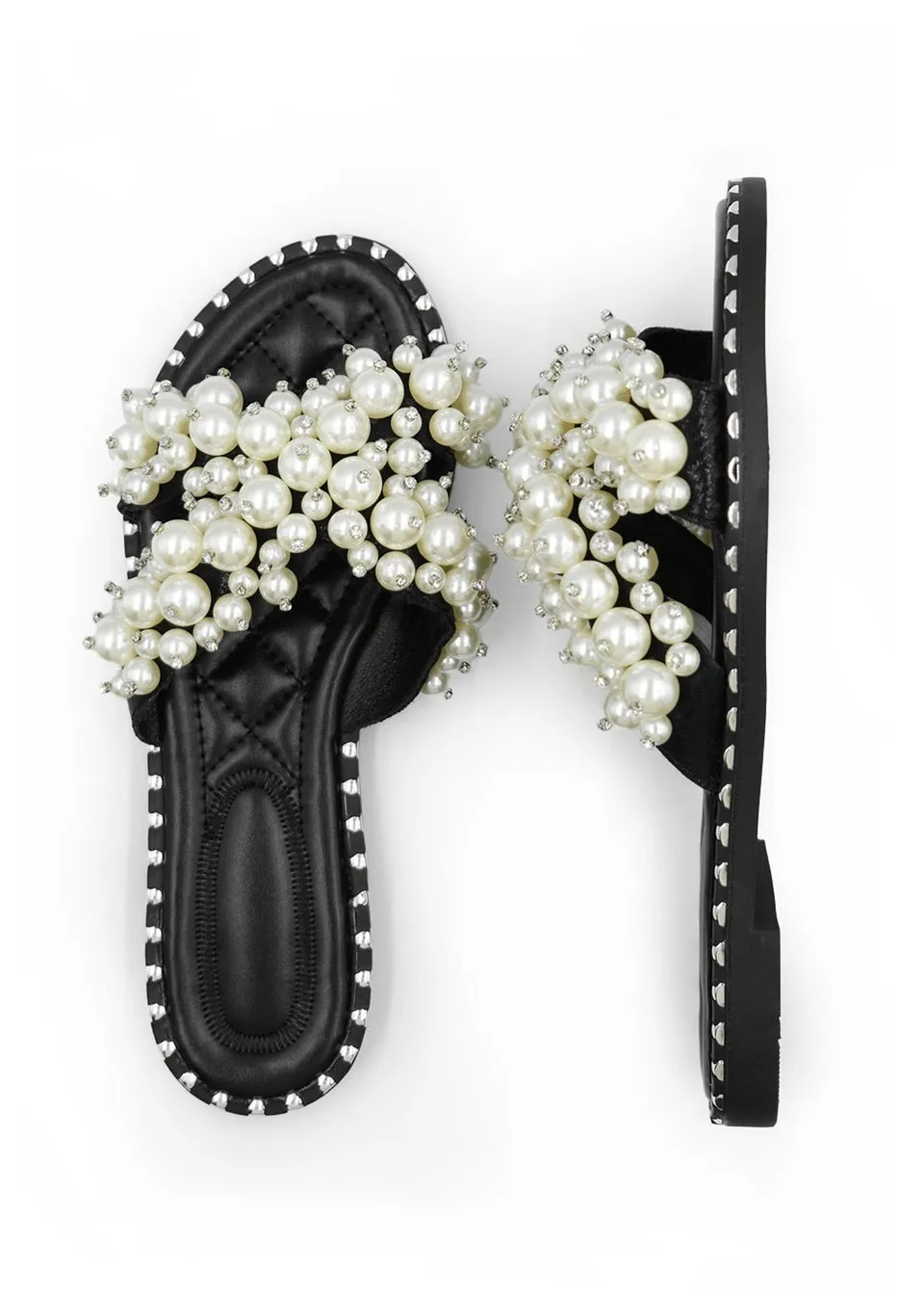 Where's That From Black Eve Pearl Embellished Flat Slider Sandals