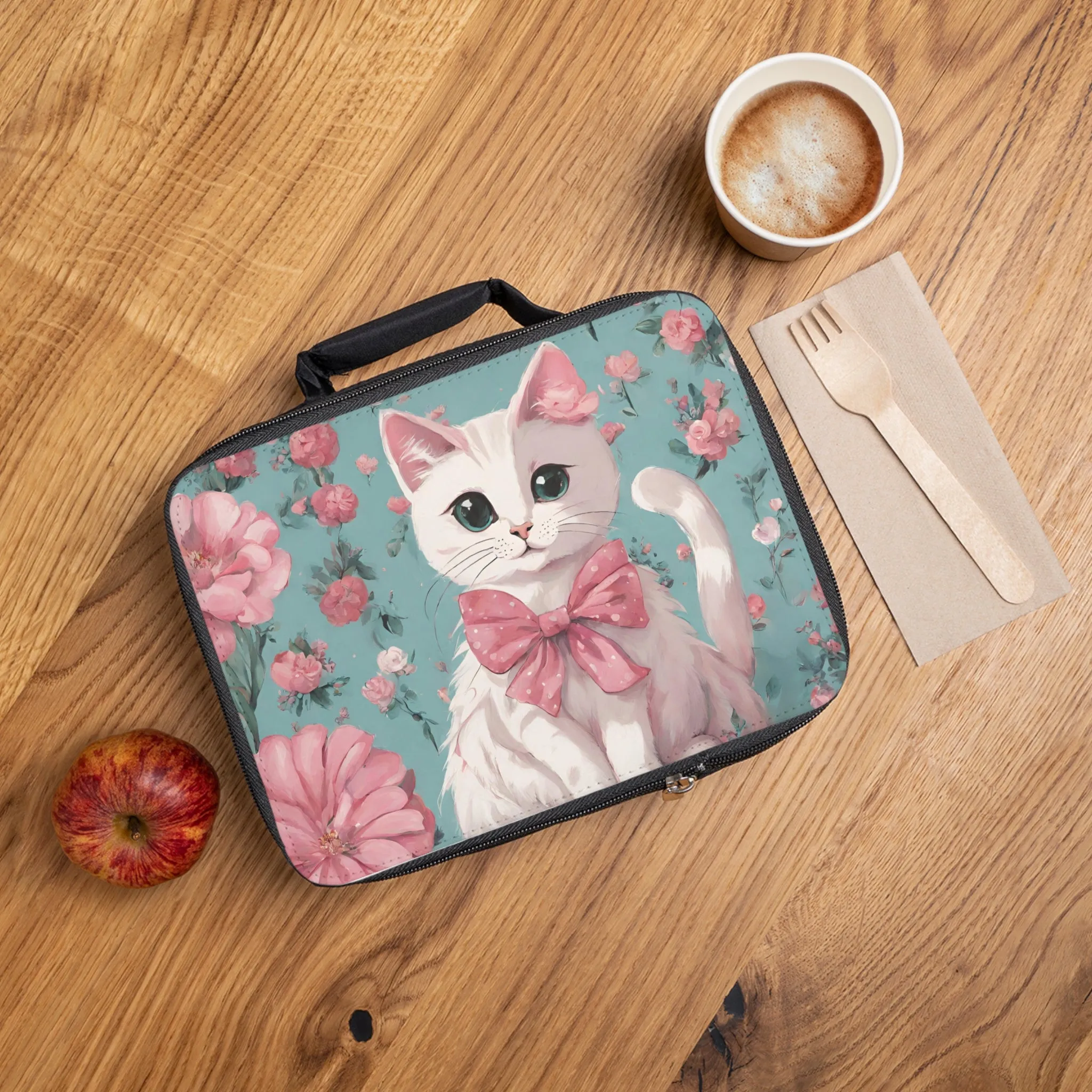 White Cat with Flowers Lunch Bag