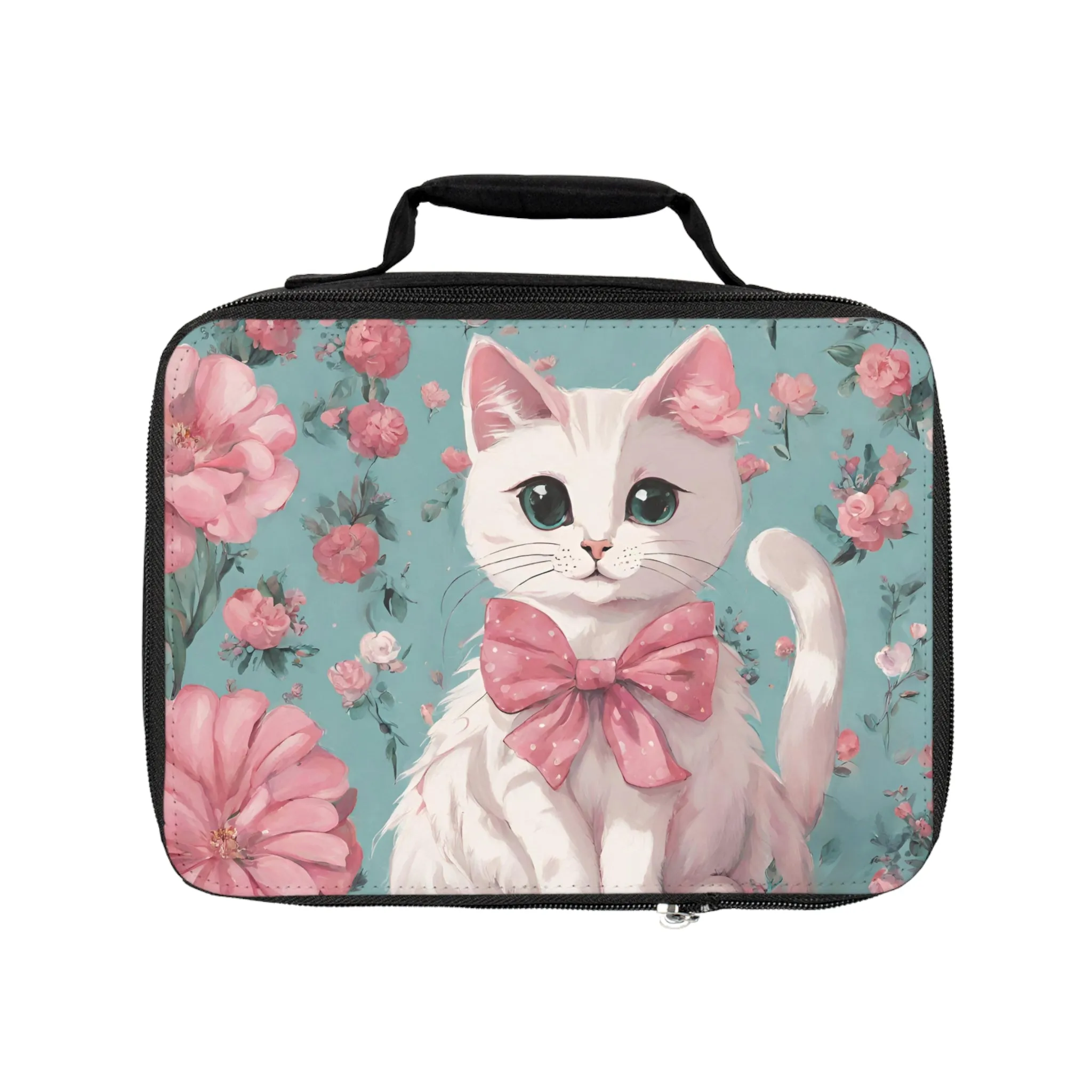 White Cat with Flowers Lunch Bag