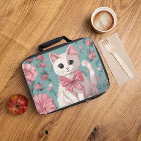 White Cat with Flowers Lunch Bag