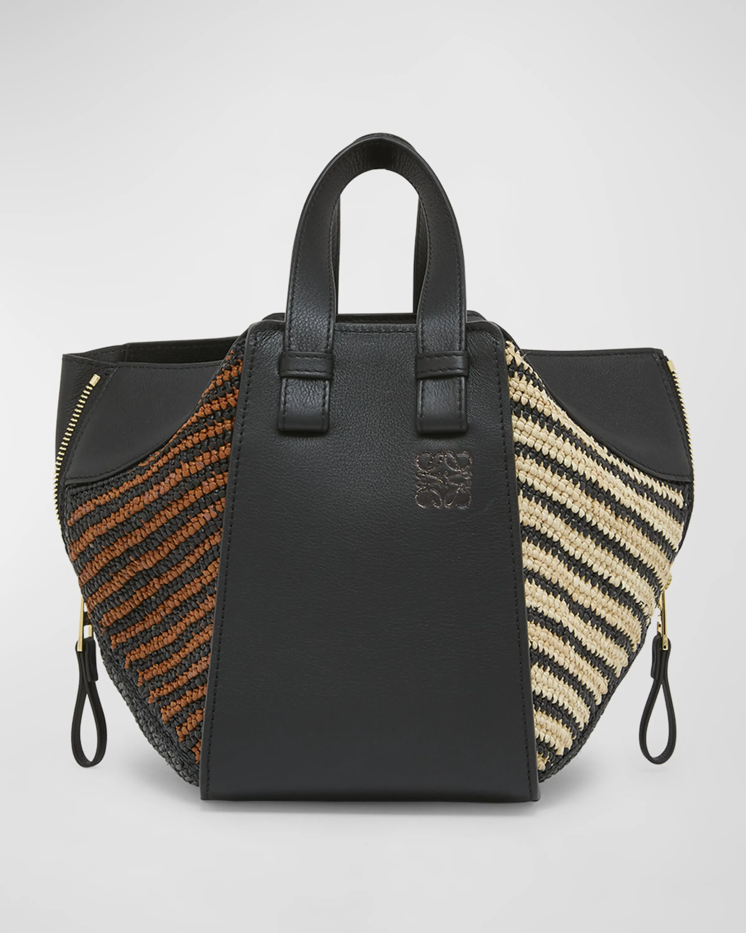 x Paula’s Ibiza Hammock Compact Top-Handle Bag in Striped Raffia with Leather Handles