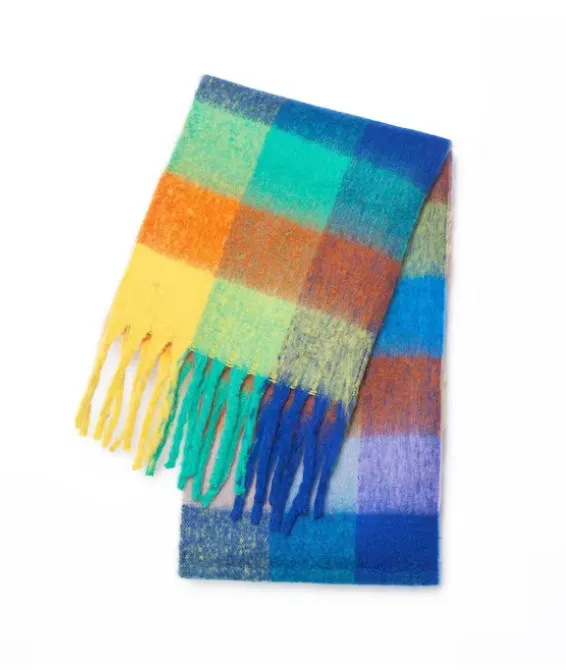 Yellow and Aqua Tartan Wool Blend Scarf